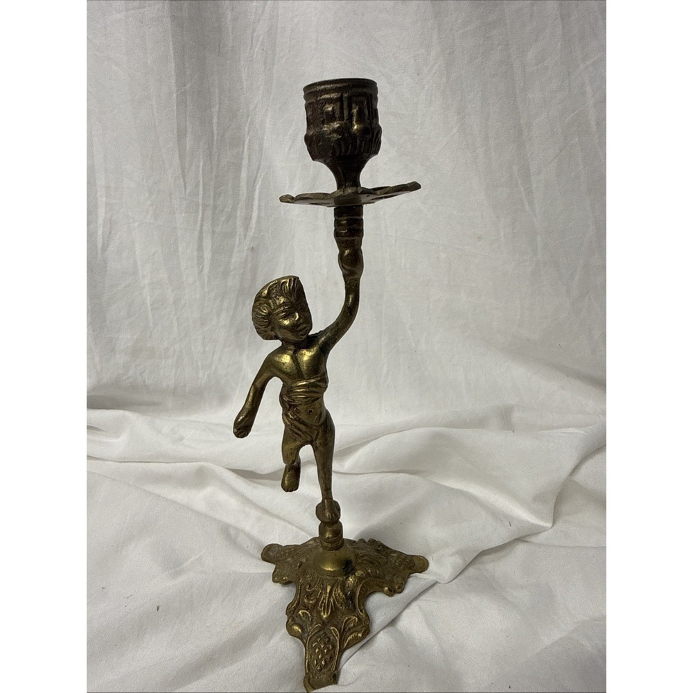 Vintage Celestial Brass Cherub 9" Angel Candle Holder Taper Hollywood Regency
